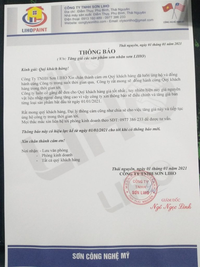 THÔNG BÁO TĂNG GIÁ CÁC SẢN PHẨM SƠN